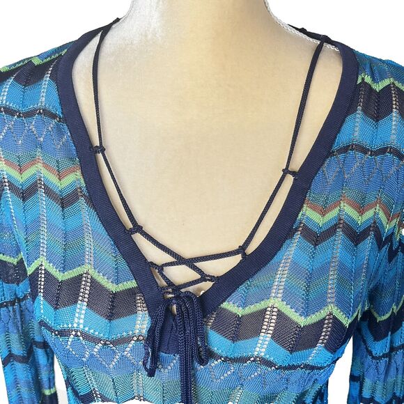 Sigrid Olsen Blue Multicolored Chevron Open Knit Top Sz S Scoop Neck w Accents - Picture 4 of 9